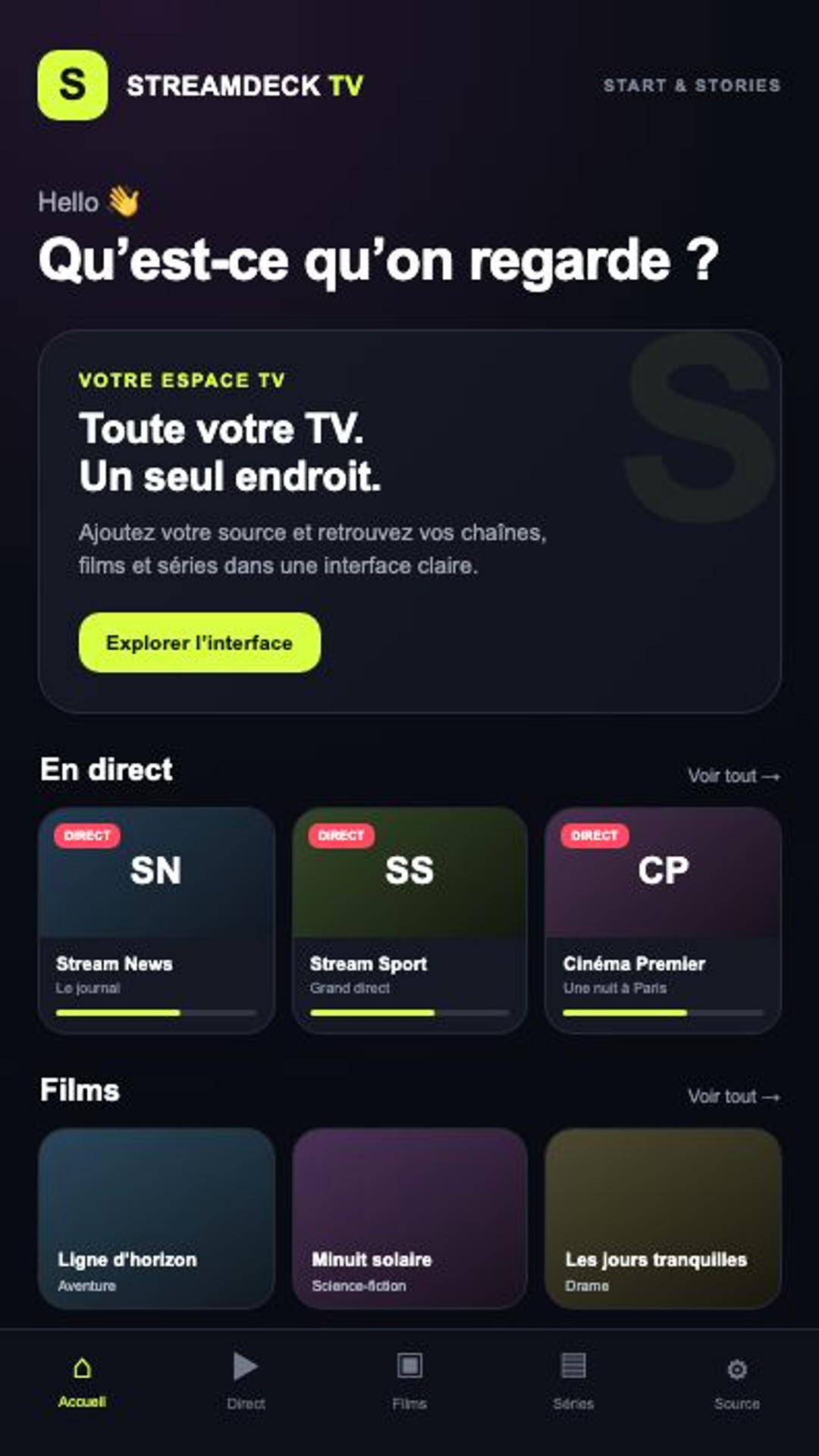 Écran d’accueil de StreamDeck TV avec les rubriques direct et films
