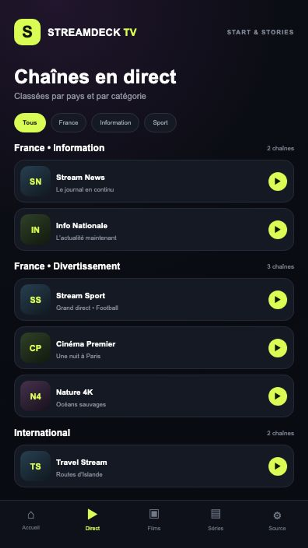 Liste des chaînes en direct classées par pays et catégorie