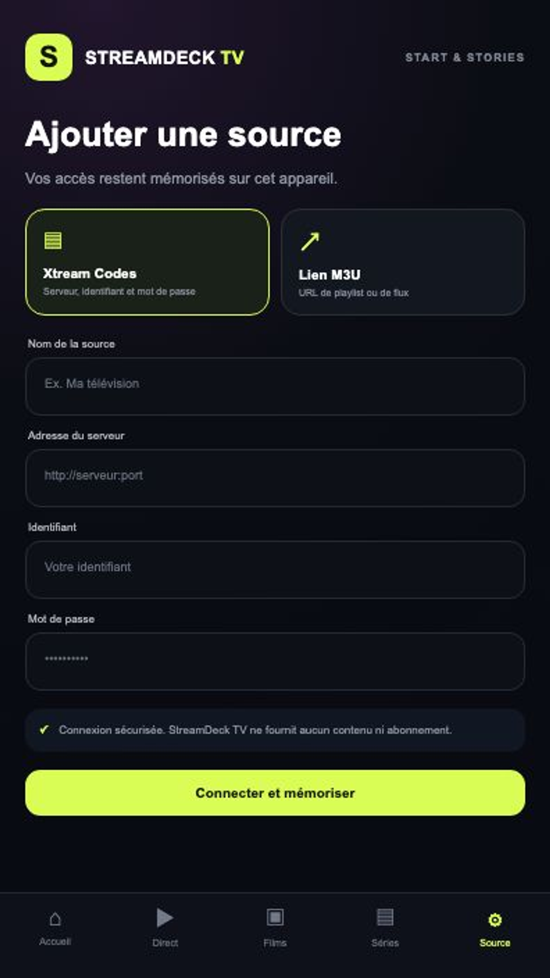 Formulaire d’ajout d’une source Xtream Codes ou M3U